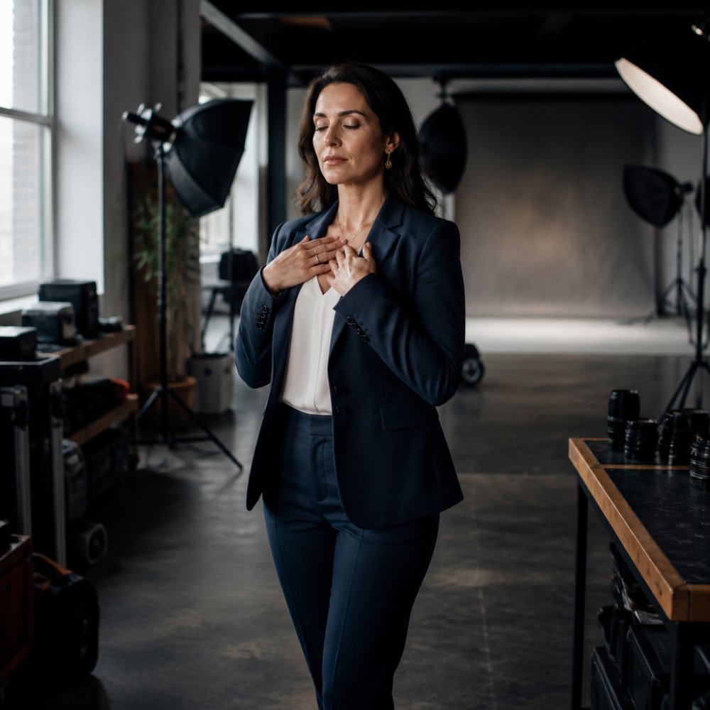 Professional in a studio setting taking a deep breath with relaxed shoulders and calm expression, soft studio lighting illuminating their face