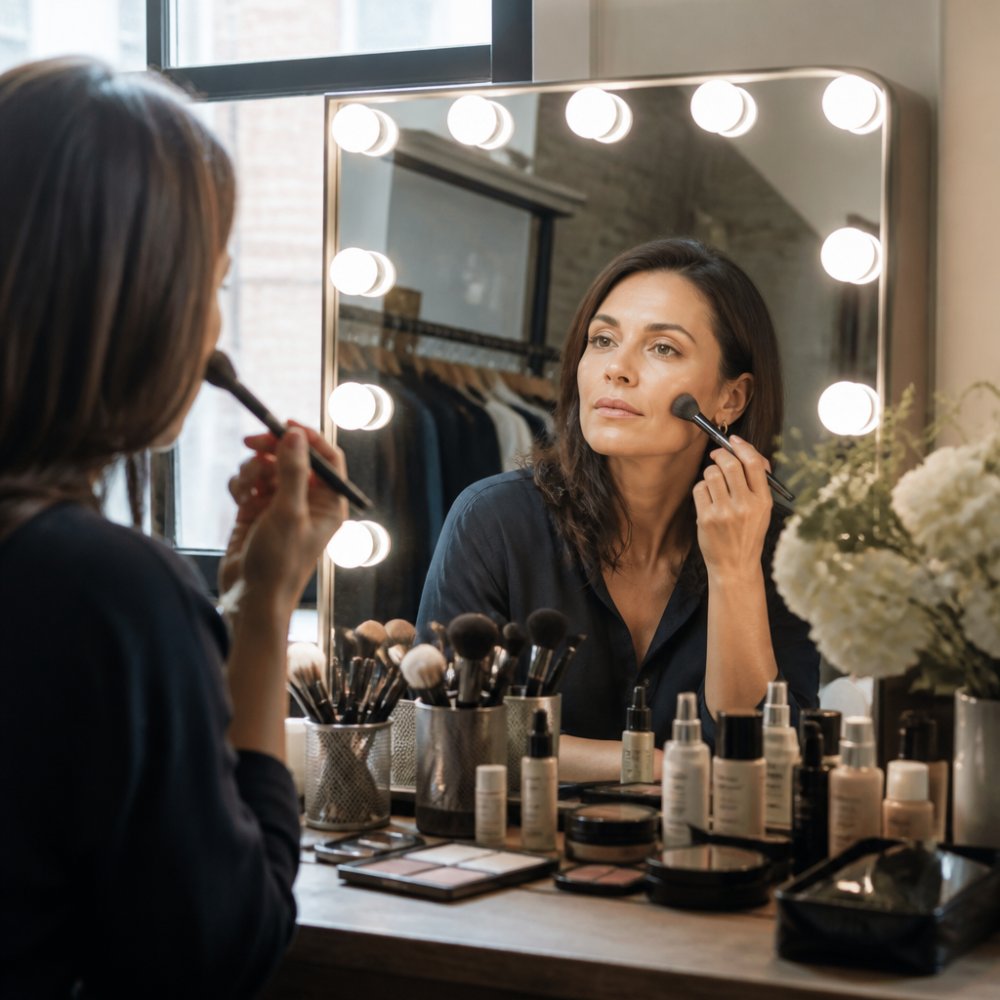 A person applying makeup in front of a well-lit vanity mirror, with makeup brushes and products arranged neatly on a clean surface, natural daylight streaming in