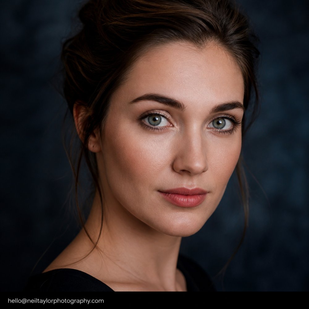 Close-up of a person's face with professionally applied natural makeup, showing well-blended foundation, defined eyes, and subtle lip colour in soft studio lighting