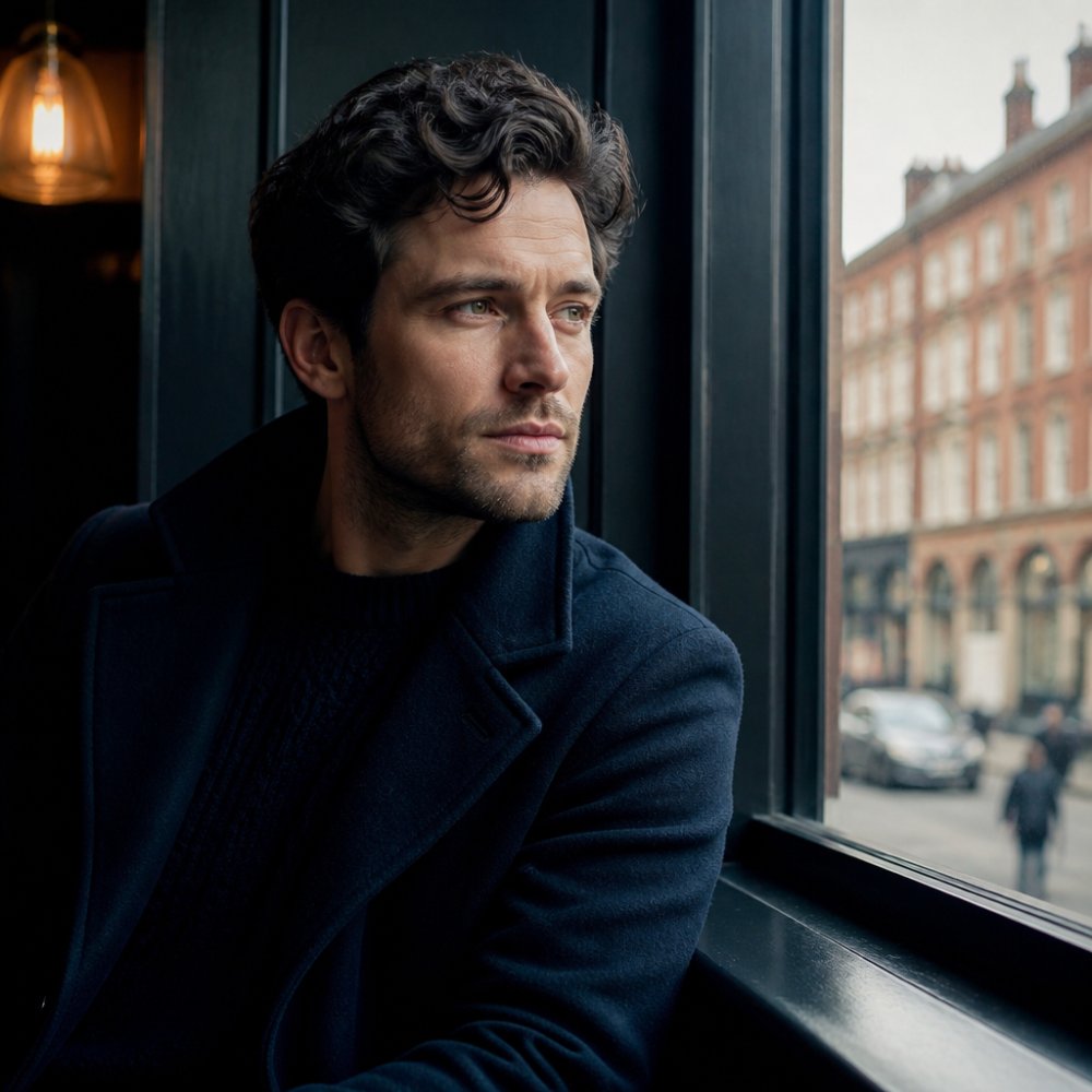 Professional actor in natural window light, genuine relaxed expression, shoulders slightly turned away from camera, soft focus background showing urban setting