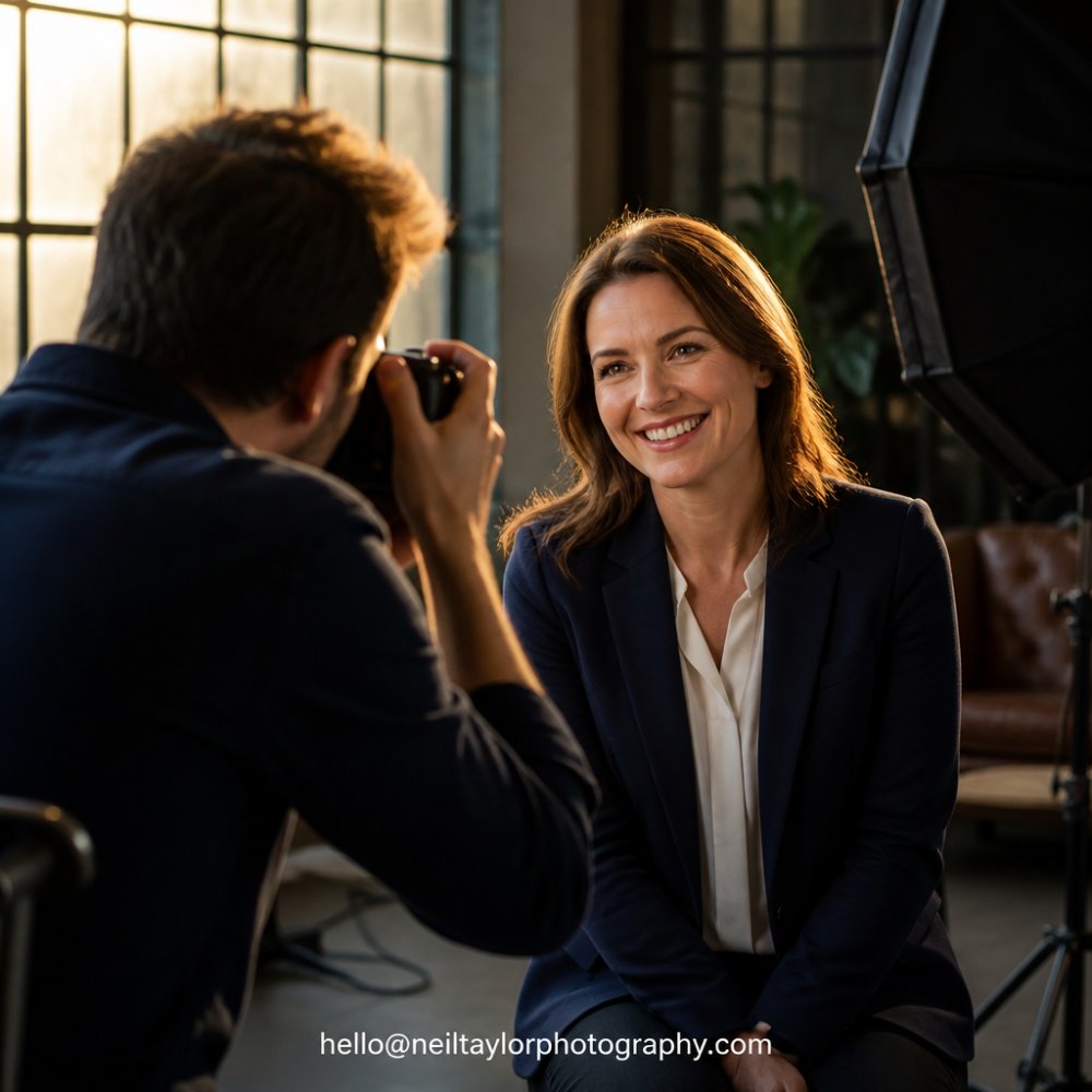Professional demonstrating engaged eye expression during headshot session with natural lighting, relaxed shoulders and genuine smile in modern studio setting