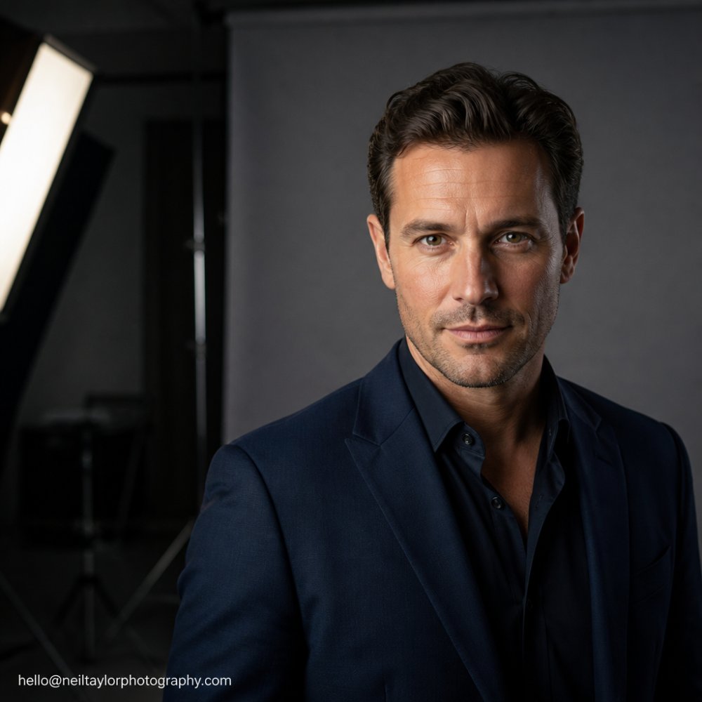Professional actor photographed in studio setting with soft key lighting and neutral grey backdrop, showing confident direct gaze at camera