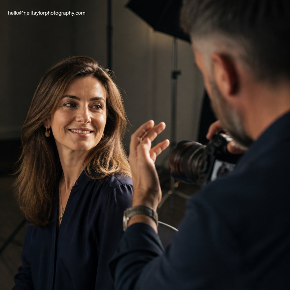 Professional photographer directing a relaxed client during a natural headshot session, client sitting comfortably with genuine expression, soft studio lighting, photographer visible in background