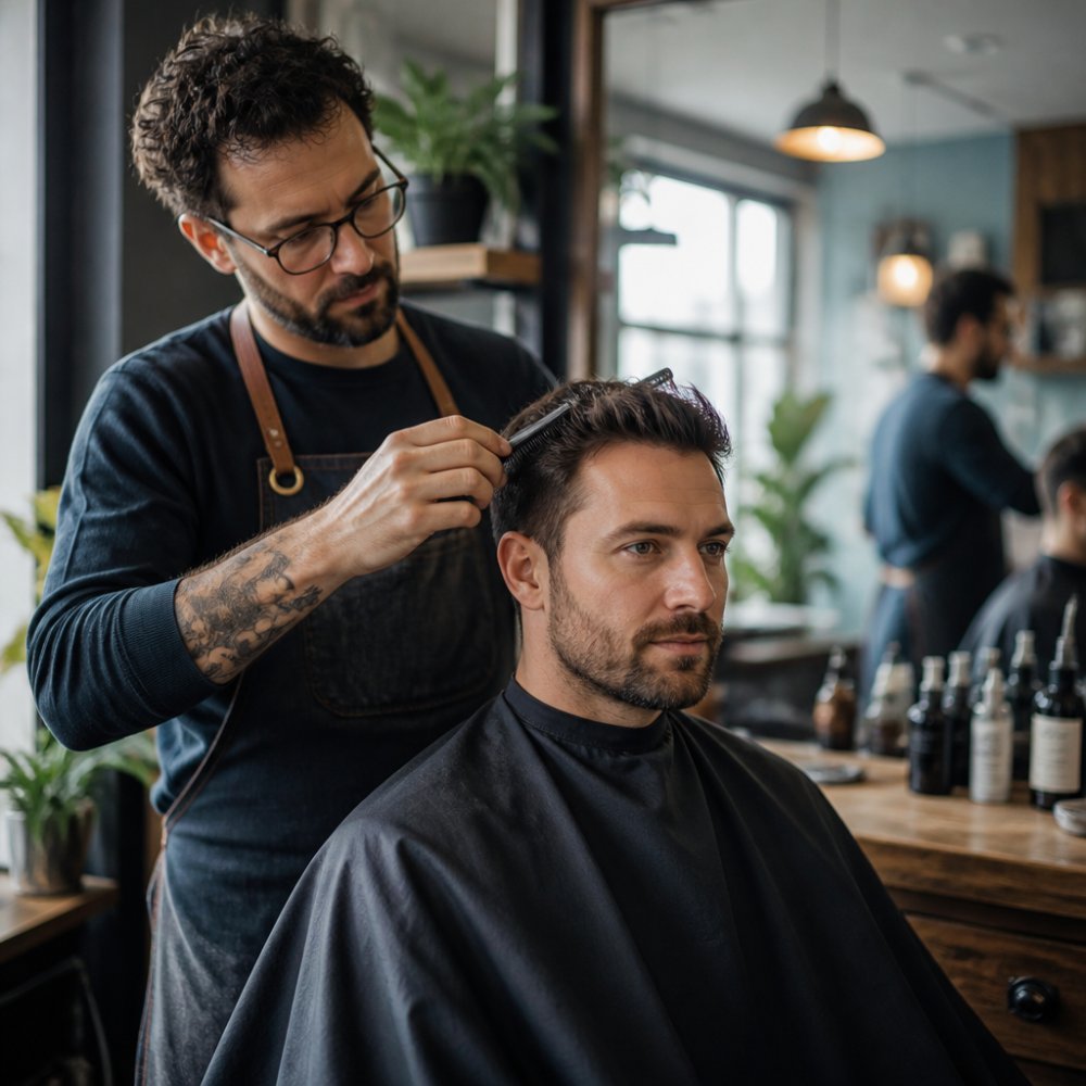 A barber in a well-lit studio finishing a neat, camera-ready haircut on a male actor in his thirties, with a mirror and grooming tools visible in the background
