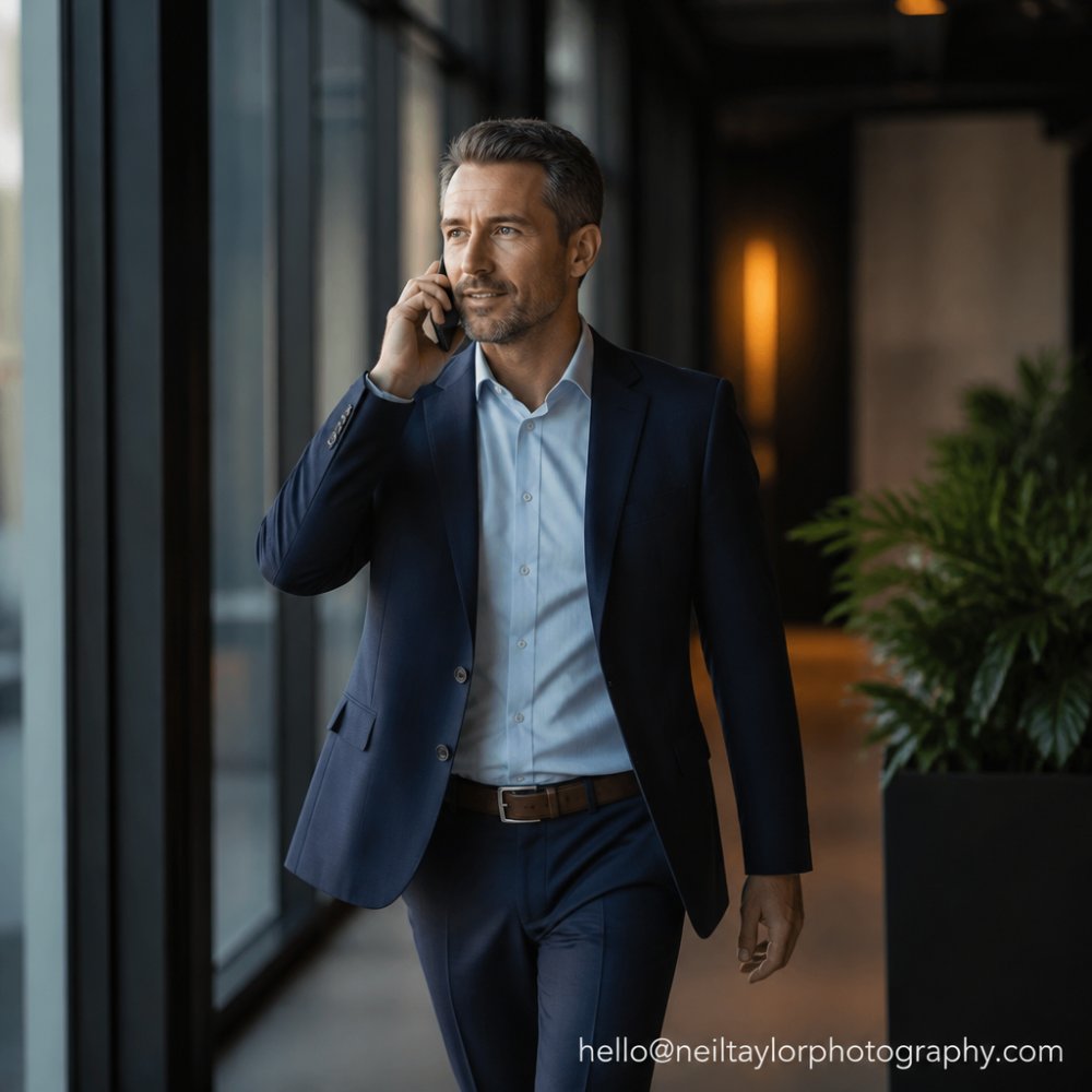 Professional in business attire with confident posture and natural expression, photographed in studio with soft directional lighting highlighting facial features and warm neutral background